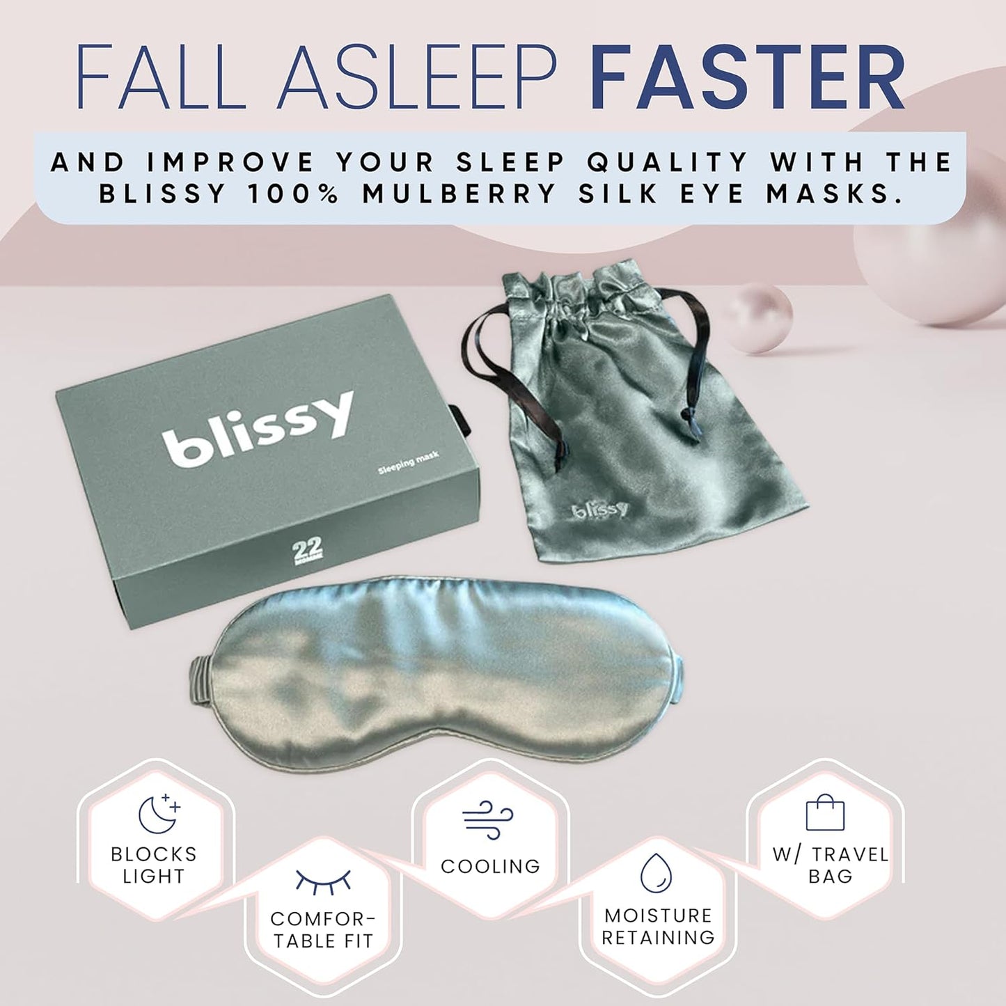 BLISSY Silk Sleep Mask - Mulberry Silk 22 Momme 6A Fibers - Complete Blackout - Hypoallergenic - Pull On - Matcha