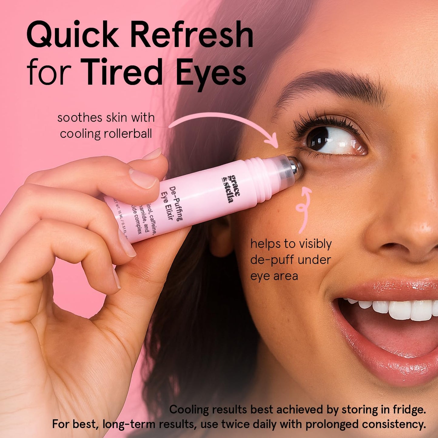 grace & stella Under Eye Brightener Roller - Airplane Travel Essentials - Travel Size Toiletries - Retinol & Caffeine Eye Serum for Puffiness, Dark Circles, Wrinkles - Vegan Skincare (15ml / 0.51floz)