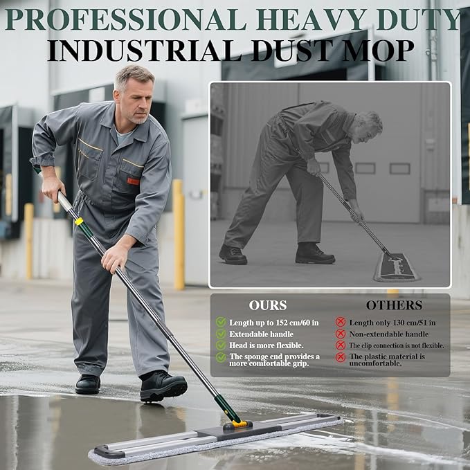 36" Commercial Mop, Masthome Heavy Duty Industrial Mop for Floor Cleaning,Commercial Dust Mop with 3 Reusable Pads,60”Long Handle Wet Dry Flat Mops for Hardwood Floors, Marble, Laminate, Tile(Green)