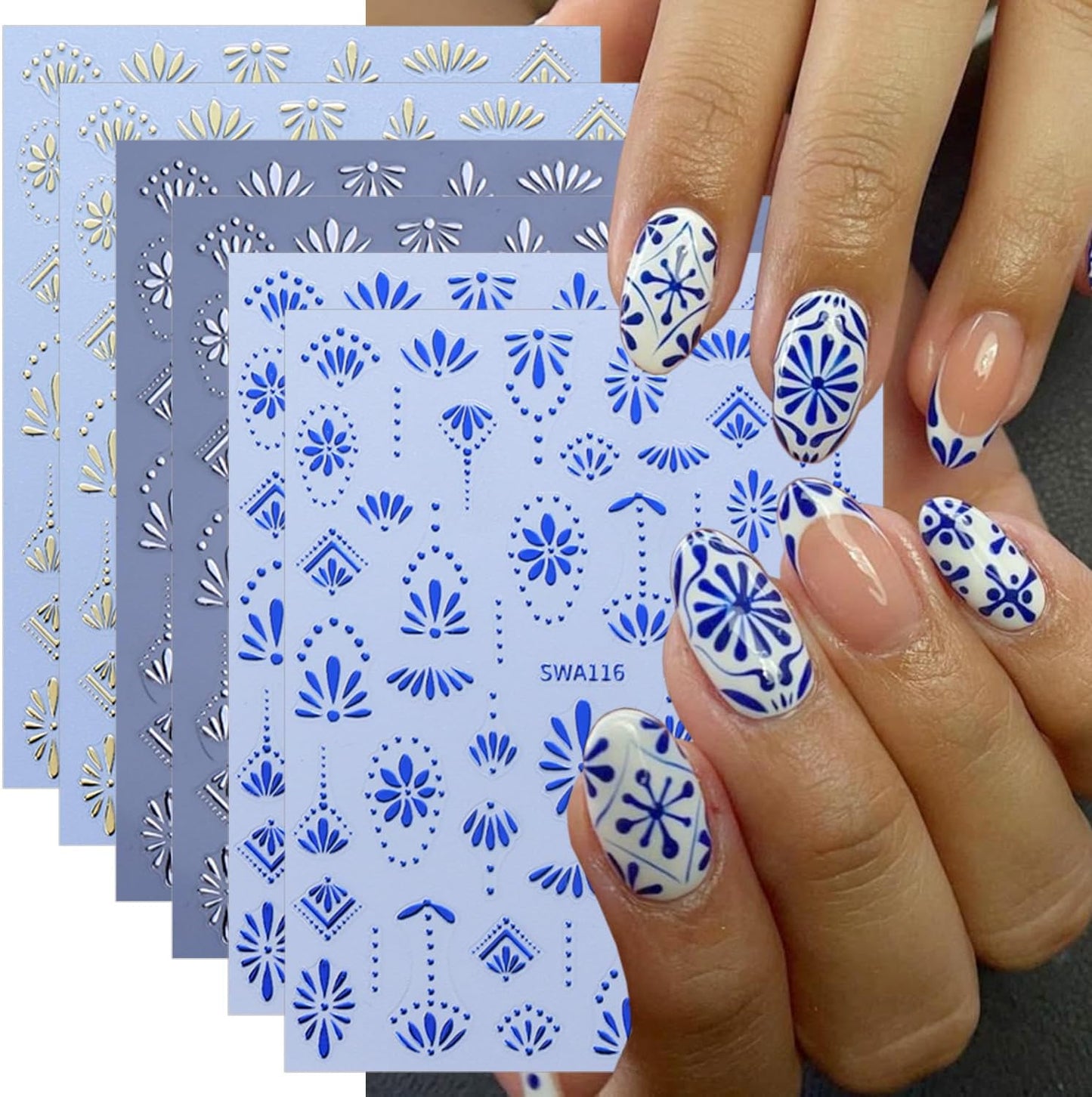 6 Sheets Bohemia Nail Stickers for Nail Art 3D Self Adhesive Gold Silver Blue Flower Nail Decals Flowers French Tip Nail Sticker Retro Bohemian Design Stickers for Women DIY Manicure Supplies