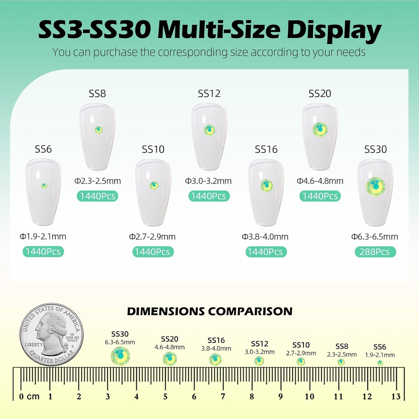 F Green Flatback Rhinestones, Glass Rhinestones for Nail Art and Craft, Glue Fix, Loose Crystal Gemstones(F Green, SS16, 1440pcs, 3.8-4.0mm)