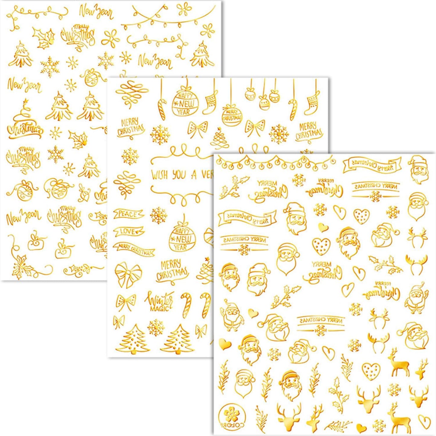 HNUIX Nail Stickers - 3D Christmas, Self Adhesive Nail Decals, Multi Pattern, Gold, 9 Sheets, for Nail Art