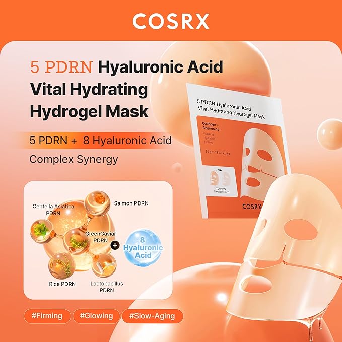 COSRX 5 PDRN Hyaluronic Acid Vital Hydrating Hydrogel Mask, Overnight Hydrogel Face Mask for Glass Glow Skin & Firming with Salmon DNA, Centella PDRN, Korean Skin Care, Stocking Stuffers (34g x 3ea)