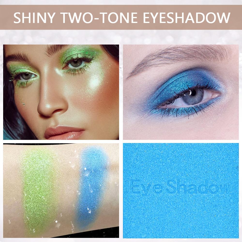 2 colors eye shadow makeup palette, Blue & Green Eyeshadows Halloween Birthday Party Wear, high pigment eye, matte & shimmer metal eye shadow powder, Blendable, Ultra-Pigmented(02)