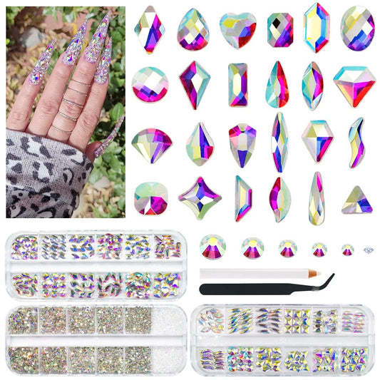 3 Boxes AB Crystal Nail Rhinestones 240 Multi-Shapes White AB Big Gems K9 Glass Flatback Round Beads Crystals Stones Nail Art Charms for Nails Face Eyes Makeup Crafts DIY Tumblers Bottles Shoes
