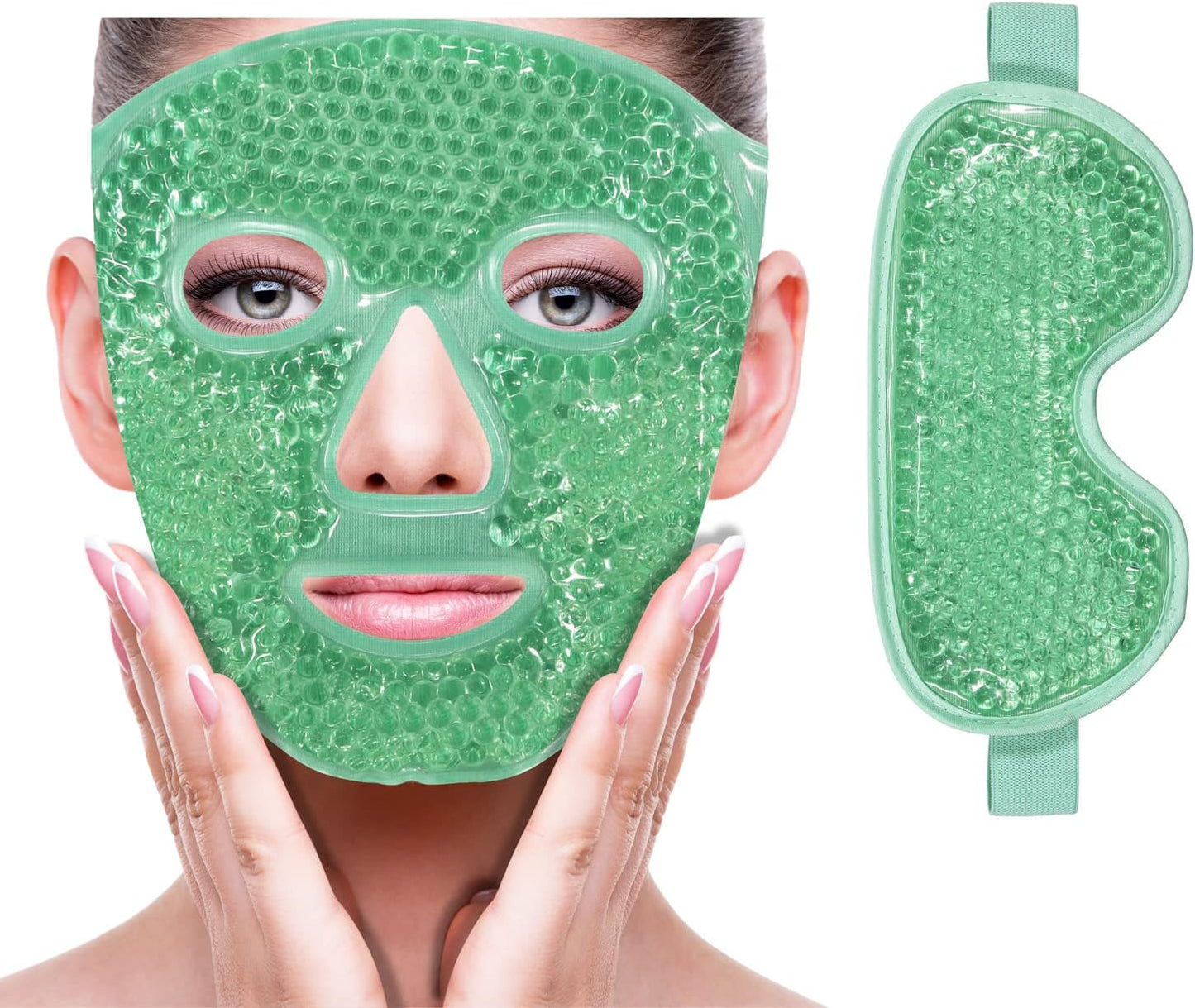 Cooling Ice Face Eye Mask for Reducing Puffiness, Bags Under Eyes,Sinus,Redness,Pain Relief,Dark Circles, Migraine,Hot/Cold Pack with Soft Plush Backing(Green(1* Eye Mask+1*Face Mask))