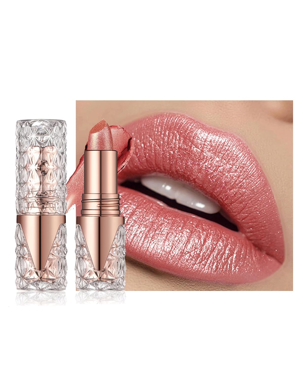 Shimmer Lipstick Long Lasting for Women with Metallic 3D Shine Hydrating Formula, Diamond Nude Glitter Lip Balm Tinted Lip Gloss High Pigmented Lip Color Nonstick Trasferproof Lip Makeup-06