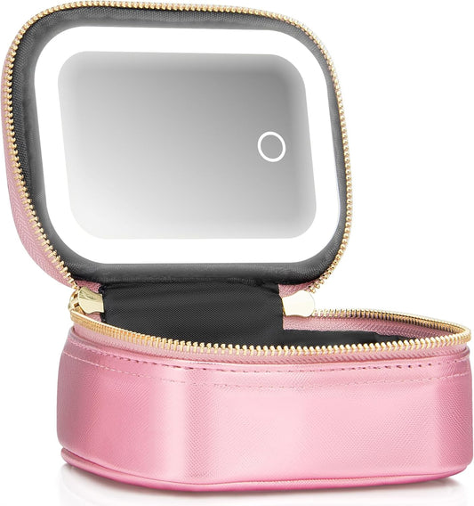 Small Makeup Bag Travel Train Case with Mirror and Light Mini Travel Make up for Women Train Case Cosmetic Organizer 3 Adjustable Brightness Toiletry Bag Portable Artist Storage