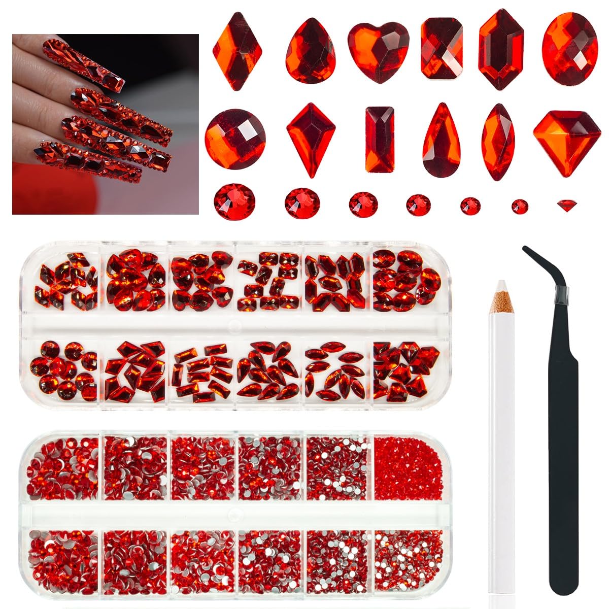 4080Pcs Red Nail Rhinestones Multi Shapes Ruby Rhinestones for Nails 1.5-4mm Crystal Gems Siam Red Round Flatback Beads Glass Stones Diamonds jewels Charms for Nails Face Eyes Makeup DIY Crafts