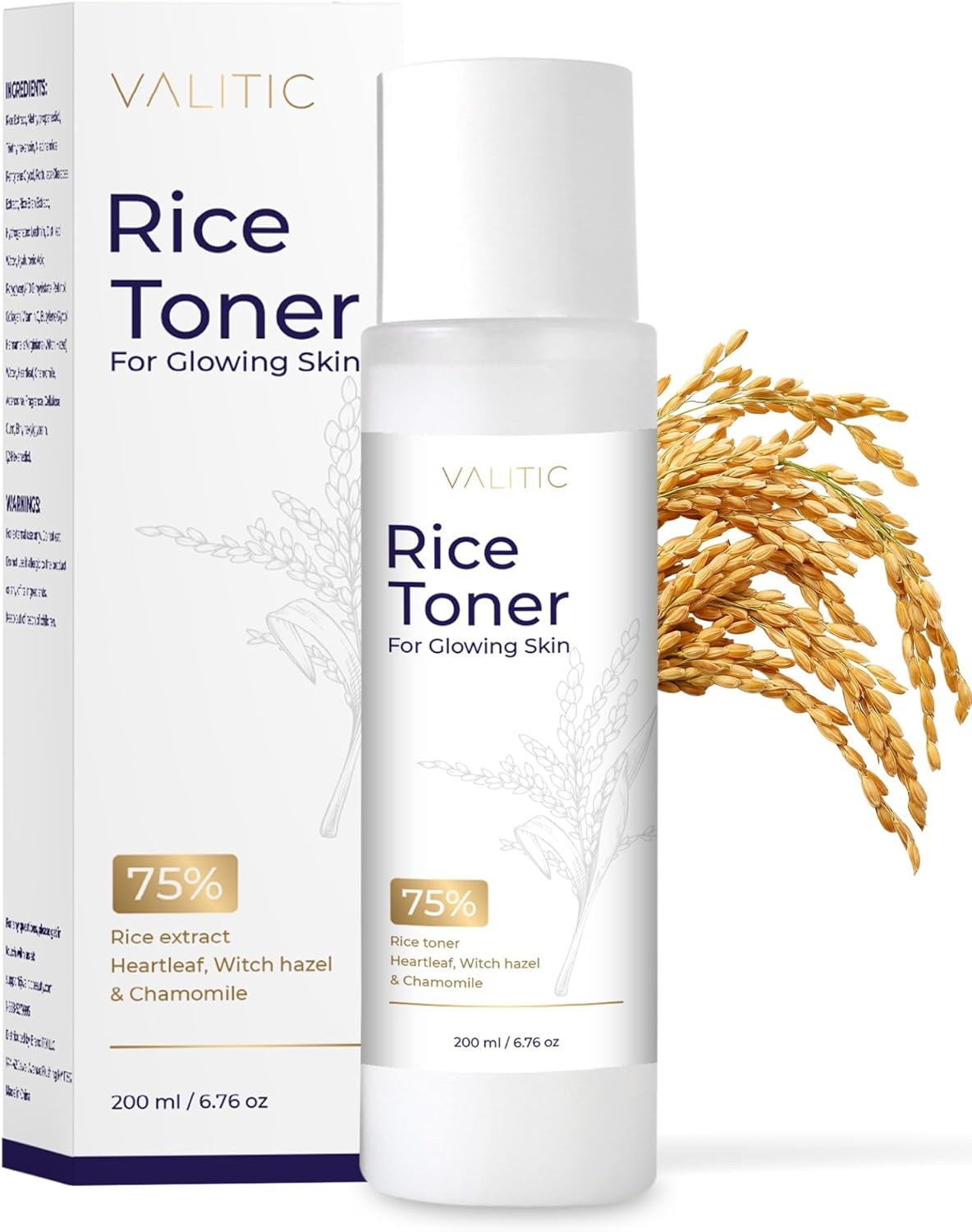 VALITIC Rice Toner - 75 Rice Extract Milky Toner for Face with Niacinamide, Heartleaf, Witch Hazel and Chamomile Essence - Facial Glass Skin Hydrating Skin Care - 200 ml, 6.76 fl oz