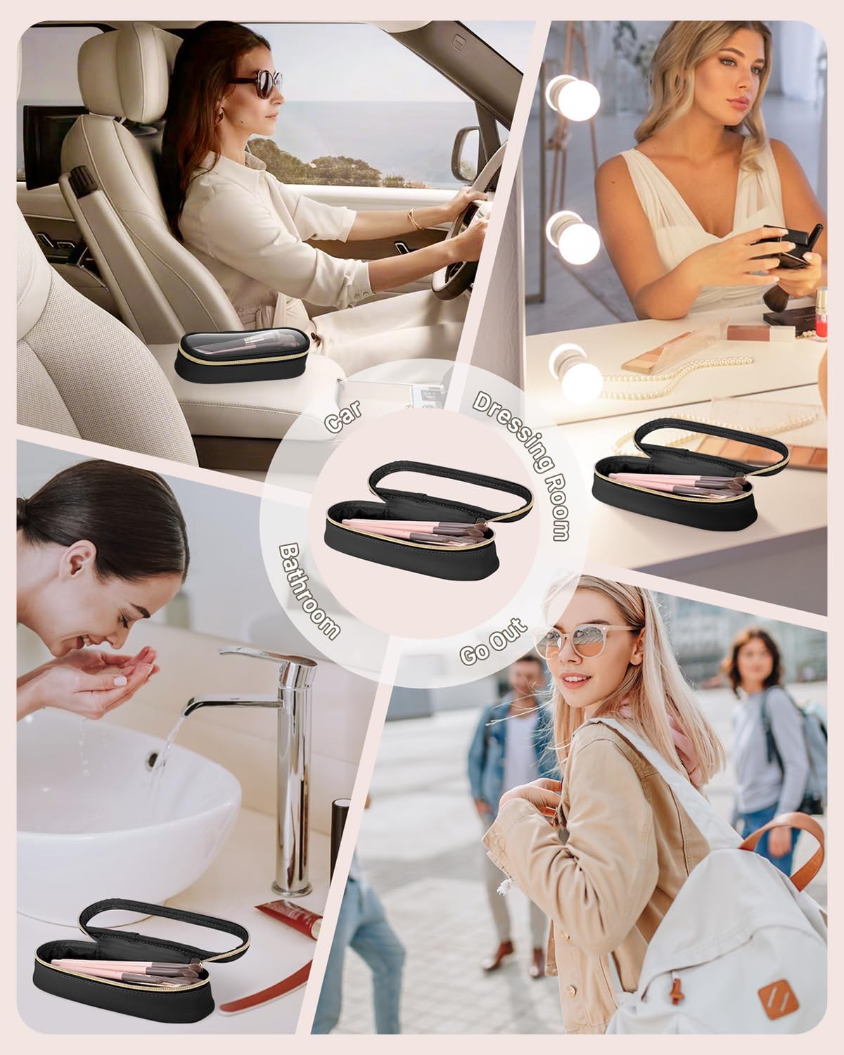 Clear Travel Makeup Brush Holder, Leather Makeup Brush Toiletry Bag, Portable Cosmetic Brush Case, Transparent Waterproof Makeup Brush Storage Bag, Black