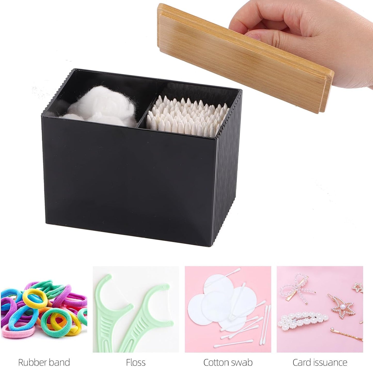 Ohlove Qtip Holder with Bamboo Lids, 3 Compartments Cotton Ball/Swabs Dispenser, Apothecary Jar Plastic Container for Storage and Organizer (Black)