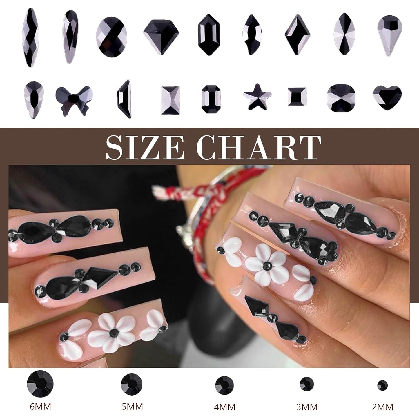 Canvalite 2900Pcs Black Rhinestones for Nails, 18 Styles Multi Shape Nail Charms and Gems Shiny Glass Crystal Flatback Nail Rhinestones Set for Nail Art with Rhinestone Picker and Tweezers