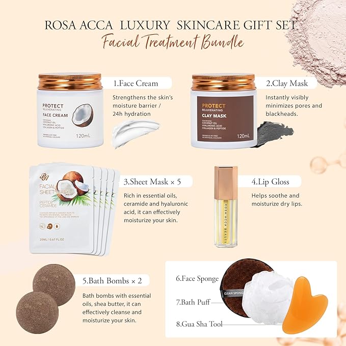 Christmas Gifts for Women, Coconut 32 Pcs Facial Skin Care Kit, Home Spa & Self-Care Gifts, Bath and Body Gifts, Lip Oil, Face Sheet Mask, Serum, Birthday, Valentines, Mother Day, All Occasion Present