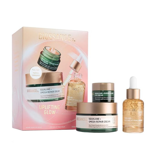 Biossance Uplifting Glow Holiday Set, Firm and Lift Serum, Marine Algae Eye Cream, Omega Repair Cream ($112 value), 1 Set