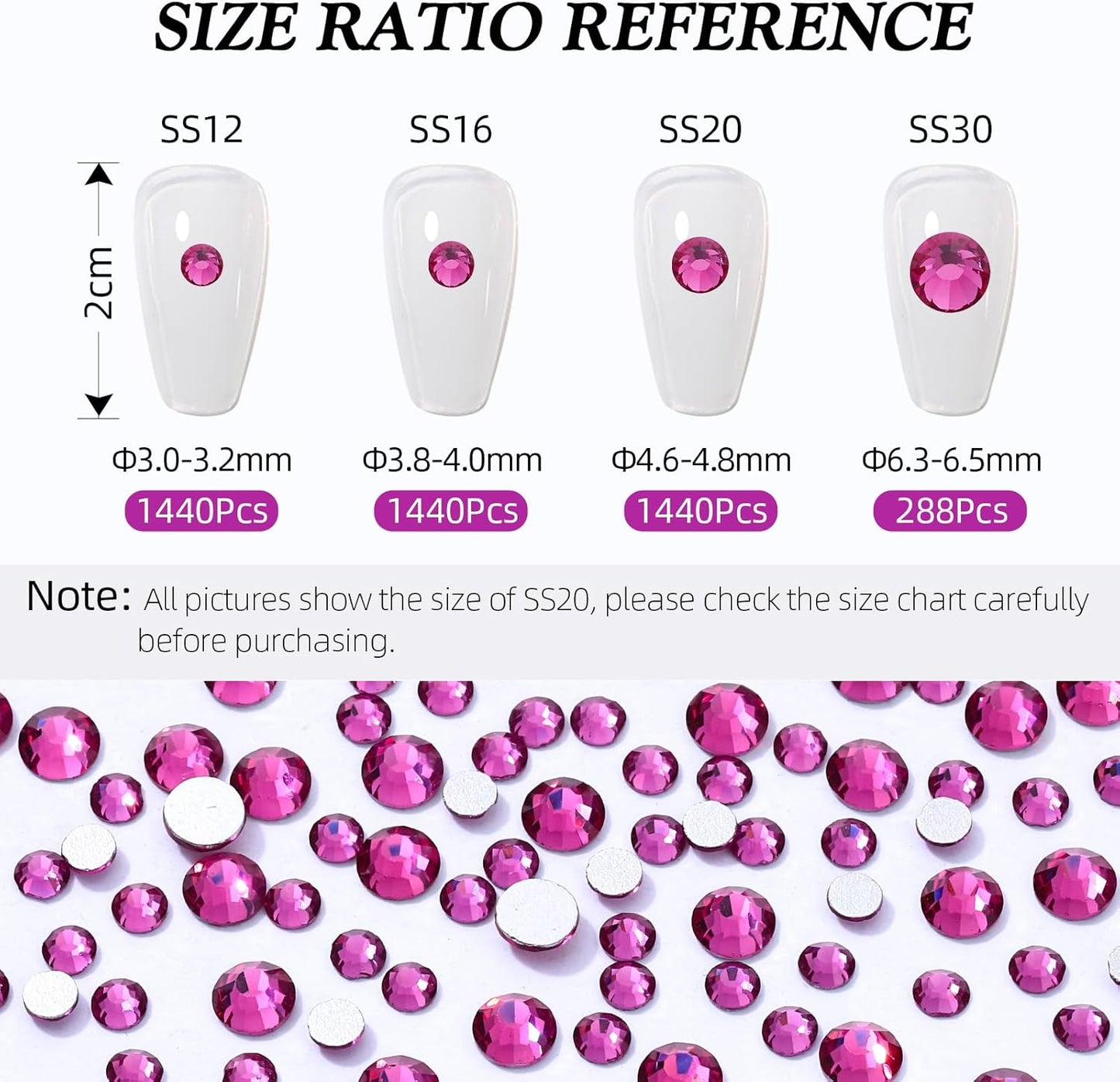 Fuchsia Flatback Rhinestones, Glass Rhinestones for Nail Art and Craft, Glue Fix, Loose Crystal Gemstones(Fuchsia, SS30, 288pcs, 6.4-6.6mm)