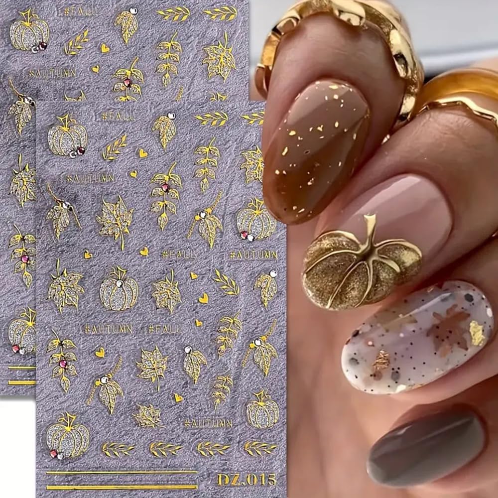 3 Sheets Fall Nail Stickers for Nail Art Cute Pumpkin Nail Decals Autumn Maple Leaf Nail Art Stickers 5D Self-Adhesive Glitter Thanksgiving Day Pumpkin Nail Decoration for Women Nails Design Supplies