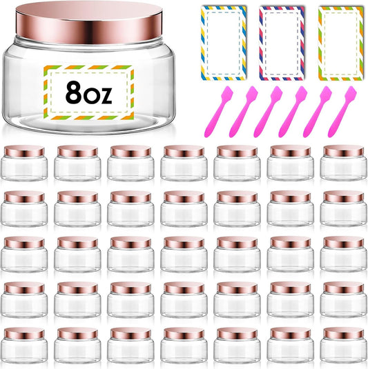36 Pack 8 oz Plastic Cosmetic Containers With Lids Refillable Clear Empty Travle Jars Containers for Body Butter,Sugar Scrubs,Cream,Lotions,Candy, Waterproof Label&Spatulas - (Rose Gold Lid)