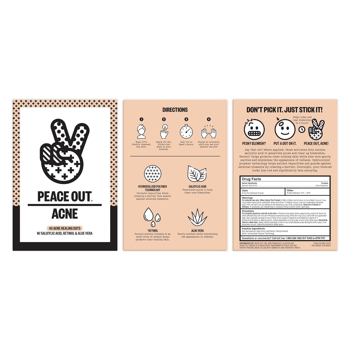 PEACE OUT Acne Healing Dots Helps Clear Blemishes Overnight, Fast Acting Hydrocolloid Pimple Patches for Breakouts with Salicylic Acid, Retinol and Aloe Vera, Award Winning Skincare Solution 40 Count
