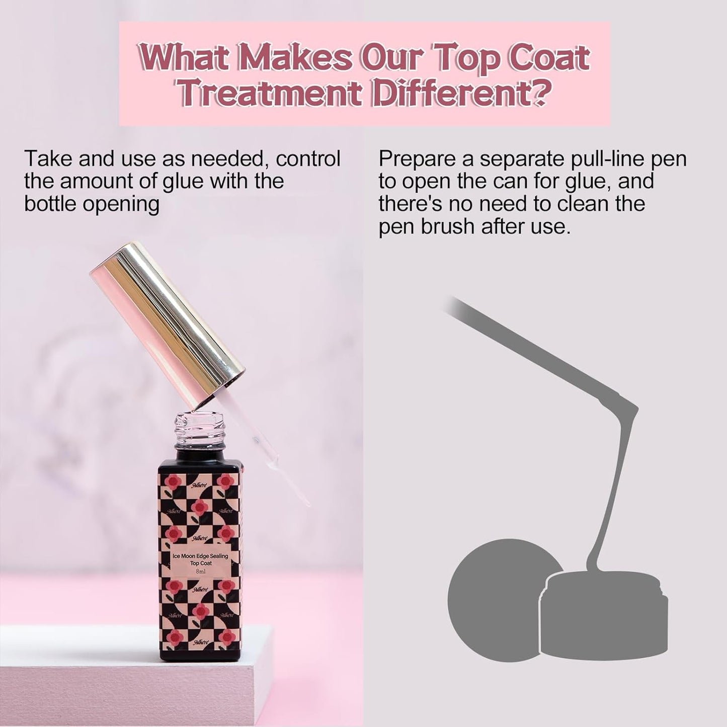 ADHERE Top Coat Gel Nail Polish Liner, No Wipe Edge Sealing Top Coat with Built in Precision Liner Nail Art Brush,Clear UV Gel Polish, Long-lasting for Chrome Nail Powder and Nail Art Design