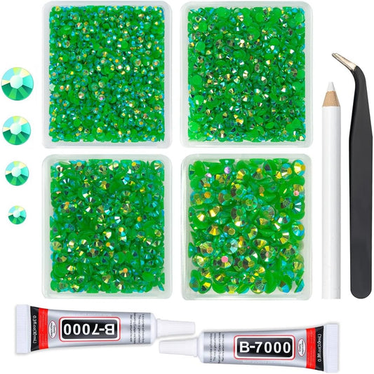 Green AB Resin Rhinestones w B7000 Jewelry Glue for Bedazzling Crafting 3mm 4mm 5mm 6mm Flatback Jelly Stones Bulk SS10 SS16 SS20 SS30 Diamonds Gems Charms for Nails Face Makeup Tumblers Crafts
