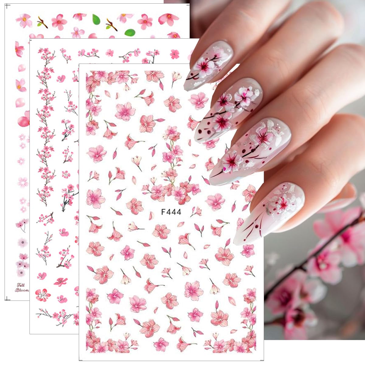 Flower Nail Art Stickers Decal 8 Sheets Pink Cherry Blossoms Nail Stickers 3D Self Adhesive Beautiful Petals Leaf Nail Art Design Supplies for Acrylic Nail Women Girls Manicure DIY Supplies