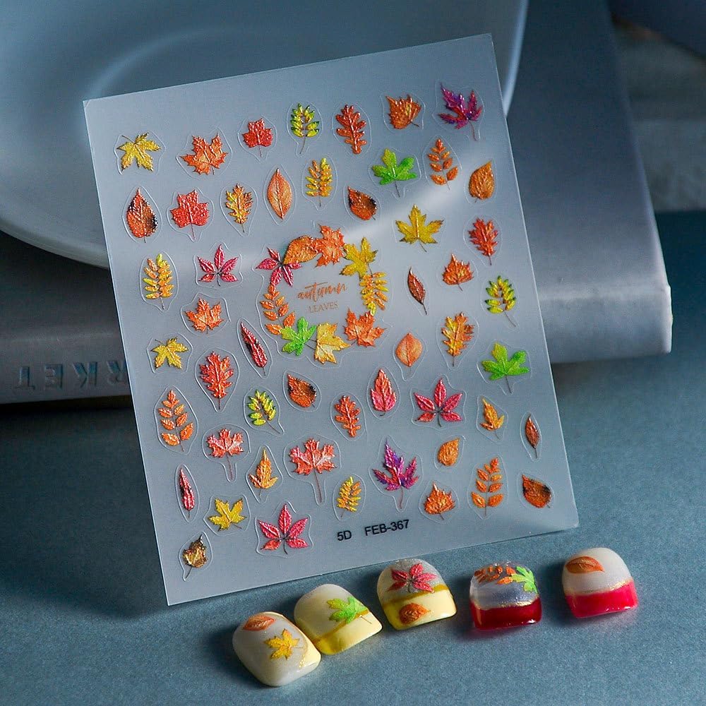 Fall Nails Stickers Maple Leaves Nails Sticker 5D Embossed Autumn Leaf Self Adhesive Sticker Nail Decals Orange Red Yellow Thanksgiving Nail Art Decal Halloween Decals for Nail DIY Manicure 1Sheet