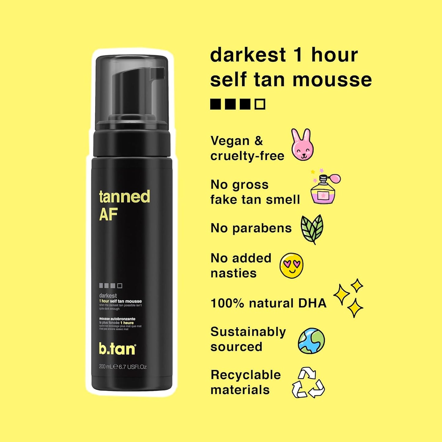 b.tan Dark Self Tanner Mousse | Get Tanned - Best, 1 Hour Express Sunless Tanning Foam, No Fake Tan Smell, Ultra Dark Bronzing Glow, Face & Body, Vegan, Cruelty Free, 6.7 Fl Oz