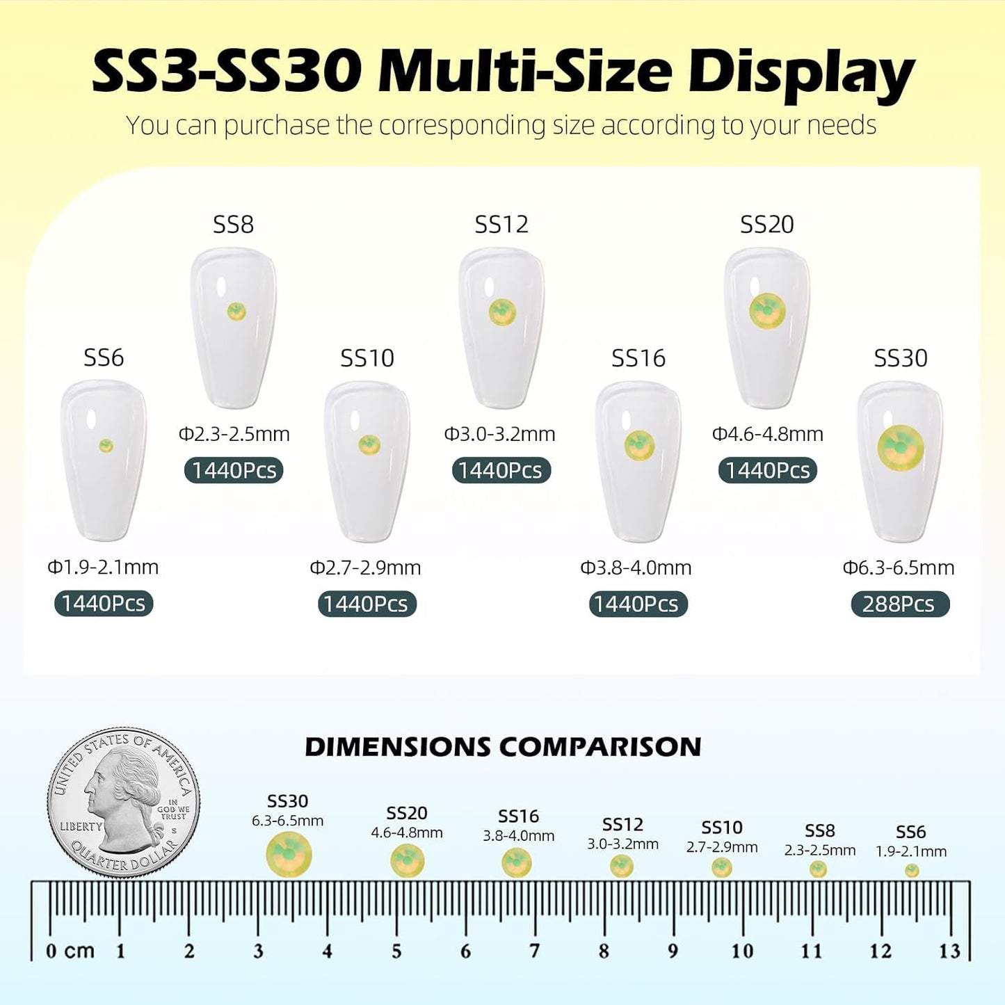 F Yellow Flatback Rhinestones, Glass Rhinestones for Nail Art and Craft, Glue Fix, Loose Crystal Gemstones(F Yellow, SS30, 288pcs, 6.4-6.6mm)