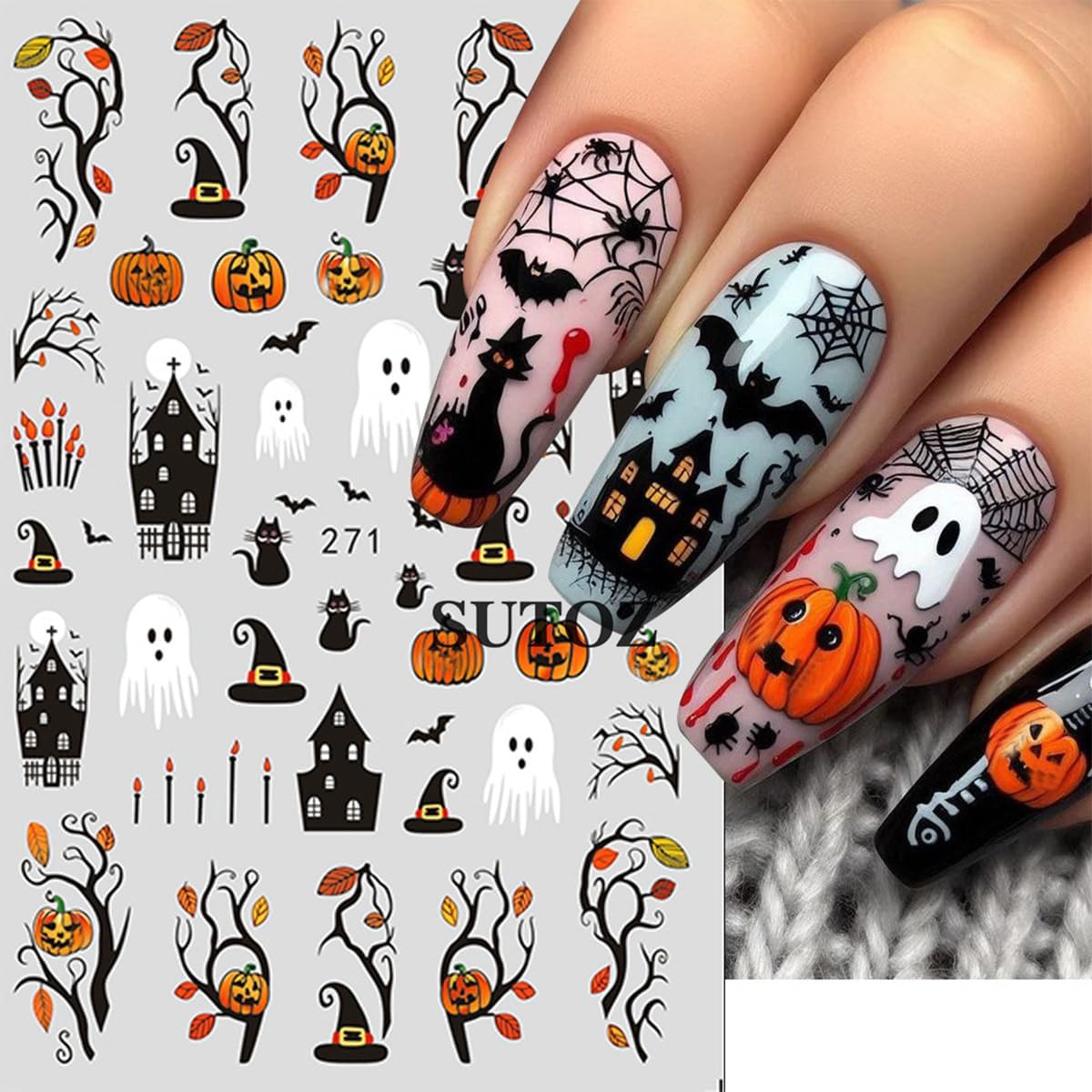 6 Sheets Flower Halloween Nail Art Stickers Colorful Ghost Nail Stickers Pumpkin Nail Decals Spider Web Tree Star Orange Design Cute Nail Sticker for Nail Art for Women Decoration Holiday Manicure