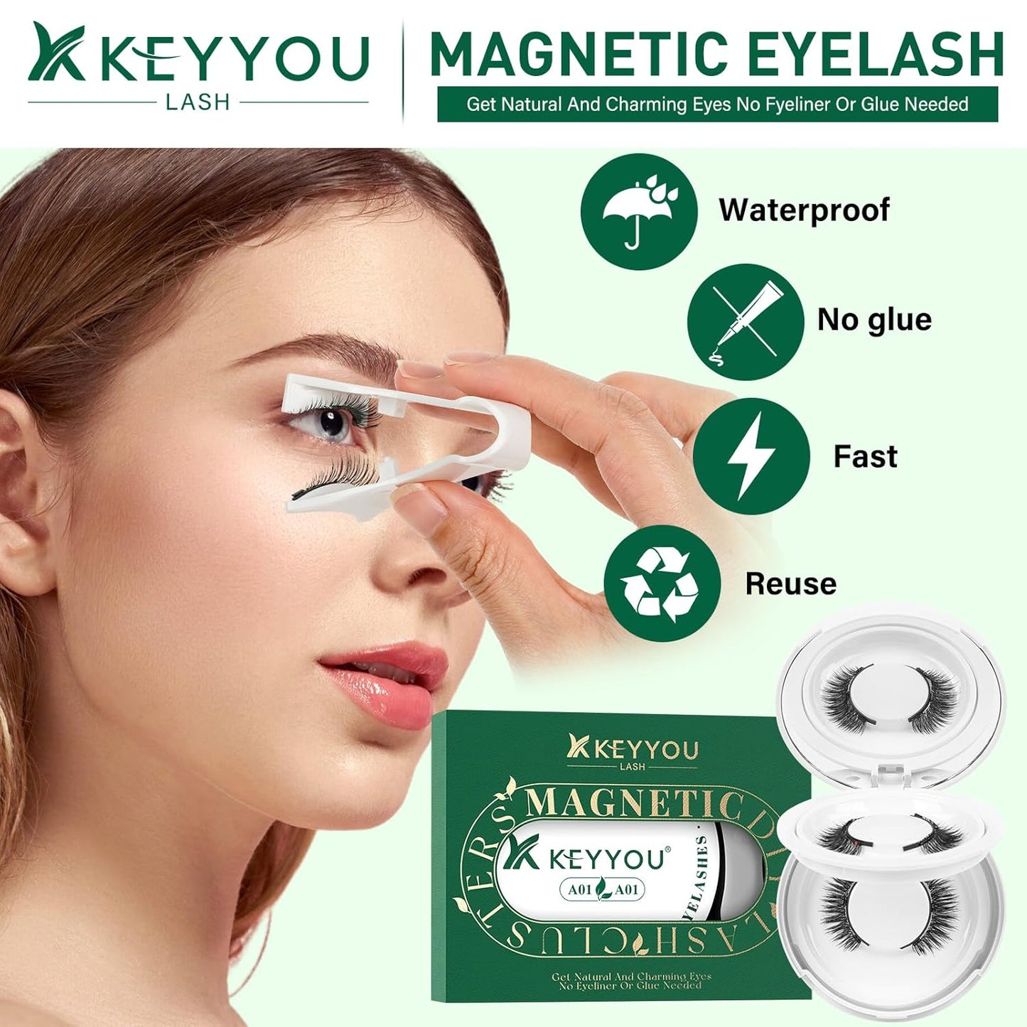 KEYYOU Reusable Magnetic Eyelashes 2 Pair with Applicator No Glue Needed 3D Natural Magnetic Lashes, Easy to Apply & Long Lasting for Daily Use & Events(A01+A01)