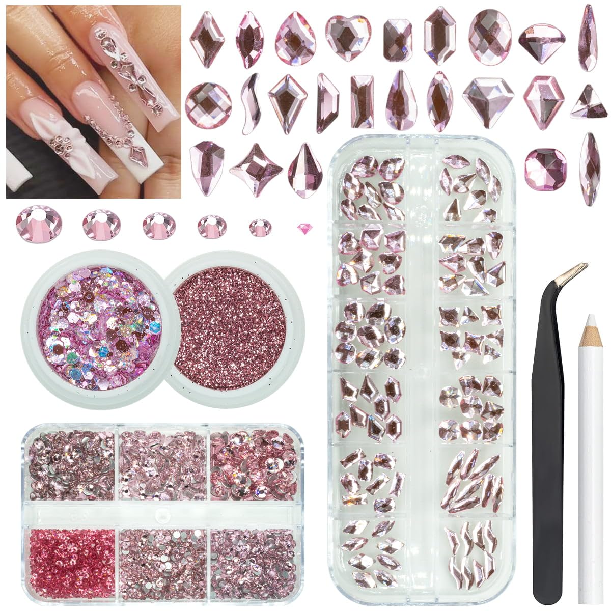 4 Boxes Light Pink Nail Rhinestones and Glitters 24 Shapes K9 Glass Gems Diamonds Flatback Round Stones Crystals Nail Art Charms for Nails Face Eyes Makeup DIY Crafts Tumblers Bottles Clothes