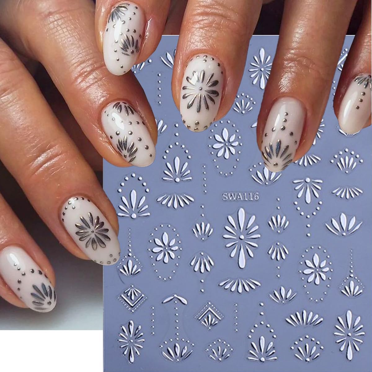 Bohemian Style Nail Stickers 3D Self Adhesive Nail Art Stickers Retro Blue Nail Decals Gold Silver Bohemian Design Flower Nail Sticker for Nail Art Decoration Manicure Accessories for Women 6 Sheets