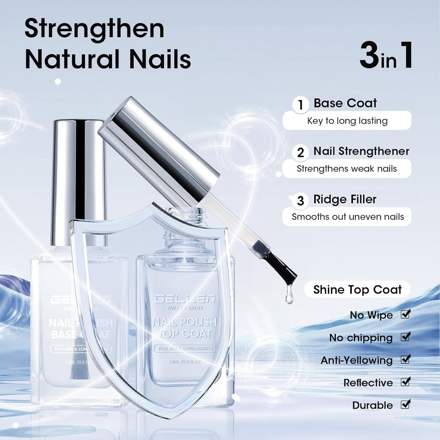 GELLEN Clear Nail Polish Base Top Coat, No Wipe High Gloss Shine Top Coat Quick Dry, Sheer Nail Base Coat Strengthener Strengthens Nails - Calcium Formula, Non UV Gel, Hema Free, Non-toxic, No Chip