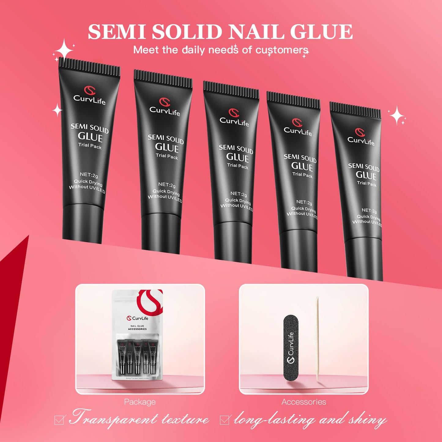 CurvLife Nail Tips Semi Solid Nail Glue 2g (5pcs) - Super Strong, Soft Glue Gel Quick Drying Adhesive for Press On Nails, No UV Light Needed