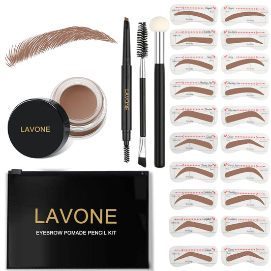 LAVONE Eyebrow Stamp Stencil Kit - Brow Stamp Trio with Waterproof Eyebrow Pencil, Pomade, 20 Stencils, Dual-ended Brush and Sponge Applicator - Ash Brown