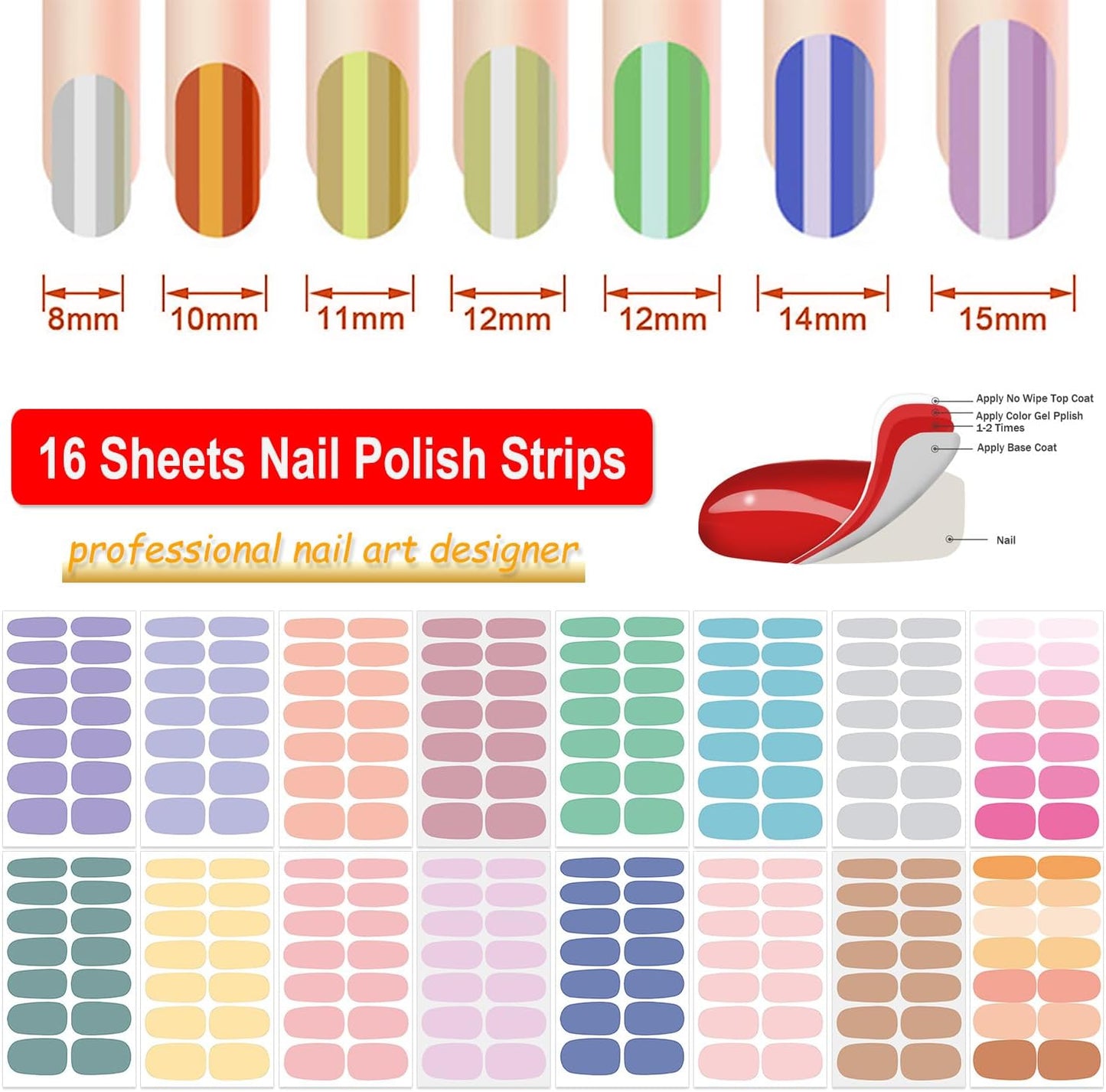 DANNEASY 16 Sheets Light Colour Nail Wraps for Women Gel Nail Polish Strips Solid Color Gel Nail Strips Self Adhesive Nail Polish Stickers Fingernail Sticker Nails with 1pc File, Cuticle Stick