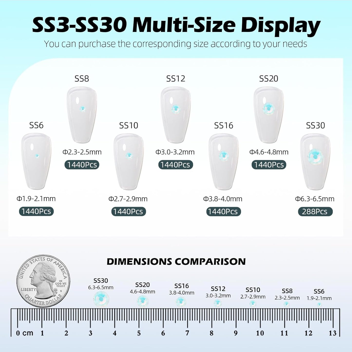 F White Flatback Rhinestones, Glass Rhinestones for Nail Art and Craft, Glue Fix, Loose Crystal Gemstones(F White, SS8, 1440pcs, 2.3-2.5mm)