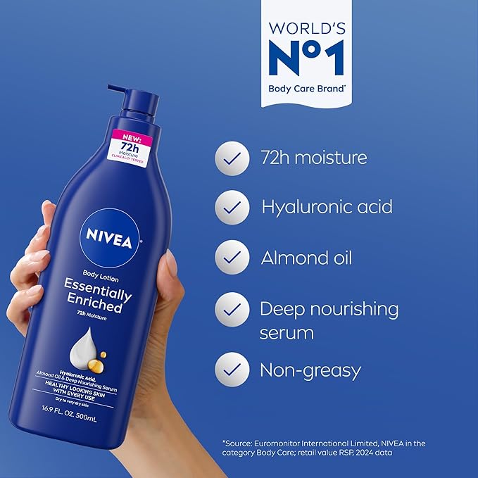 NIVEA Essentially Enriched Body Lotion for Very Dry Skin with Hyaluronic Acid, Almond Oil and Deep Nourishing Serum, 72-Hour Body Moisturizer, 16.9 Fl Oz Pump Bottle