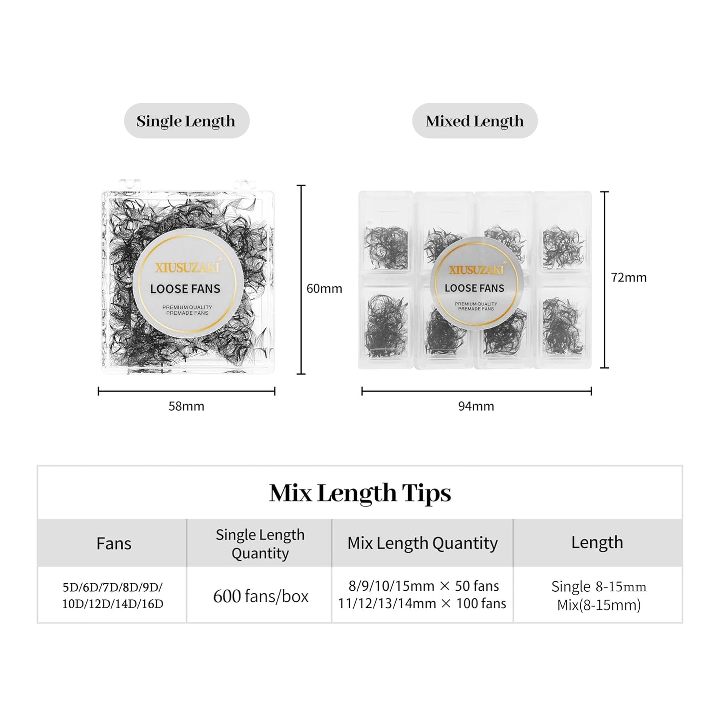 Premade Fans Eyelash Extensions - 600 Fans, 16D Volume, 0.05mm Thickness, D Curl, Mix 8-15mm