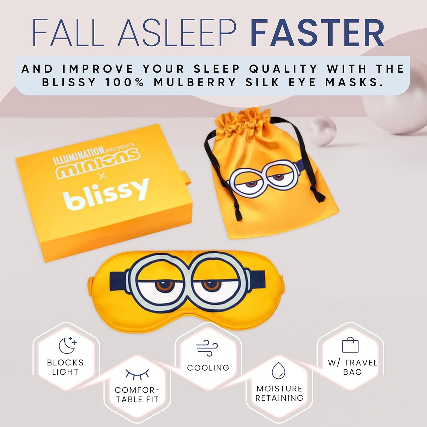 Blissy Silk Sleep Mask - Silk Eye Sleeping Mask for Women & Men for Total Blackout - 100% Pure Mulberry Silk, 22 Momme 6a Fibers - Blindfold Silk Sleep Mask Side Sleeper Eye Cover (Minion)