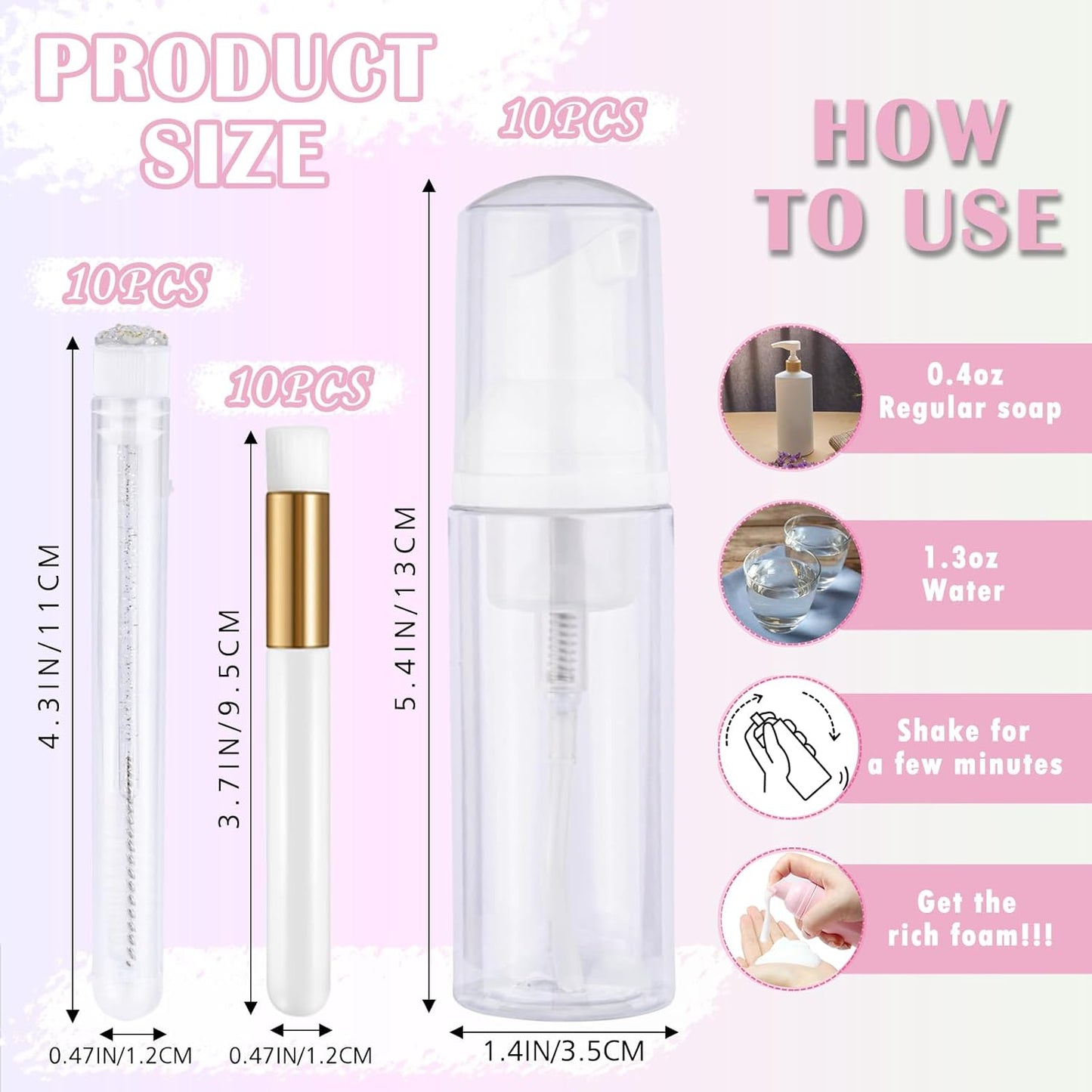 50PCS Lash Shampoo Bottles Brushes Set, Empty Lash Shampoo Bottle, Lash Cleaning Brush, Eyelash Extension Tube Brush, Instructions Cards, Aftercare Bags for Lash Business Clients (50pcs in white)