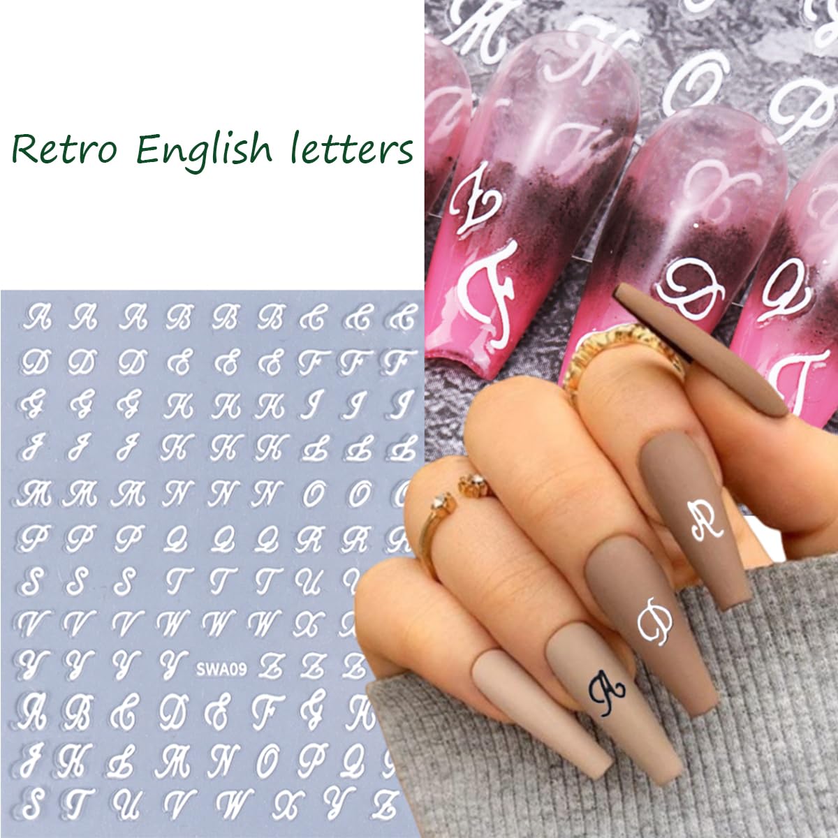 8 Sheets Retro English Letters Nail Stickers for Nail Art 3D Self-Adhesive Black White Gold Silver Design Nail Decals Pegatinas Uñas Personalized Letter Nail Art Stickers for Women DIY Manicure Tip