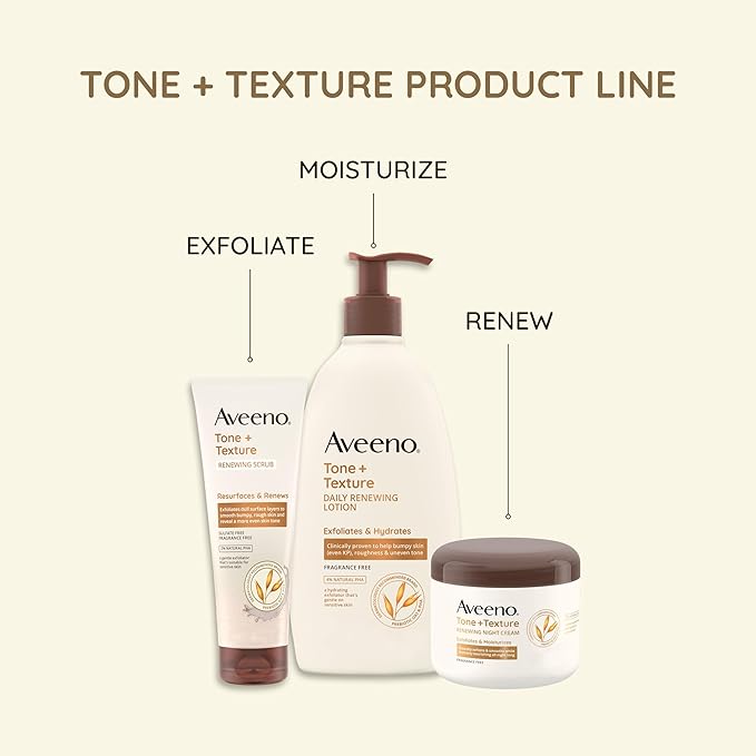 Aveeno Tone + Texture Daily Renewing Body Lotion with Prebiotic Oat Hydrates & Smooths Dry, Rough, Bumpy Skin Even KP, Fragrance-Free, 18 fl. Oz