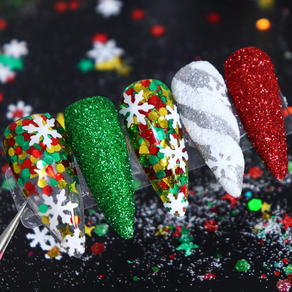 Christmas Nail Art Glitters Sequins, 12Boxes Winter Nail Art Decoration Flakes 3D Snowflake Nail Decals Red Green Nails Art Designs Holographic Christmas White Snowflake Glitters for Nails Decorations
