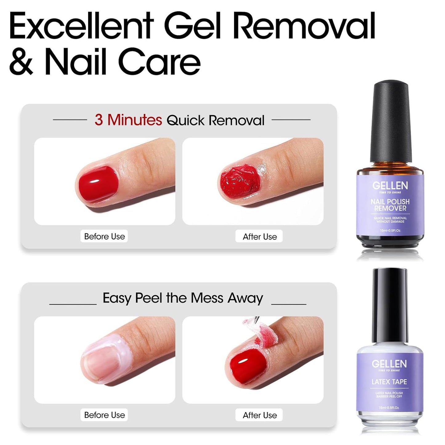 Gellen Gel Polish Remover Kit - Gel Nail Polish Remover with Latex Tape Peel Off Liquid and Manicure Tools, Quick & Easy Gel Polish Remover in 2-5 minutes, No Damage to Nails