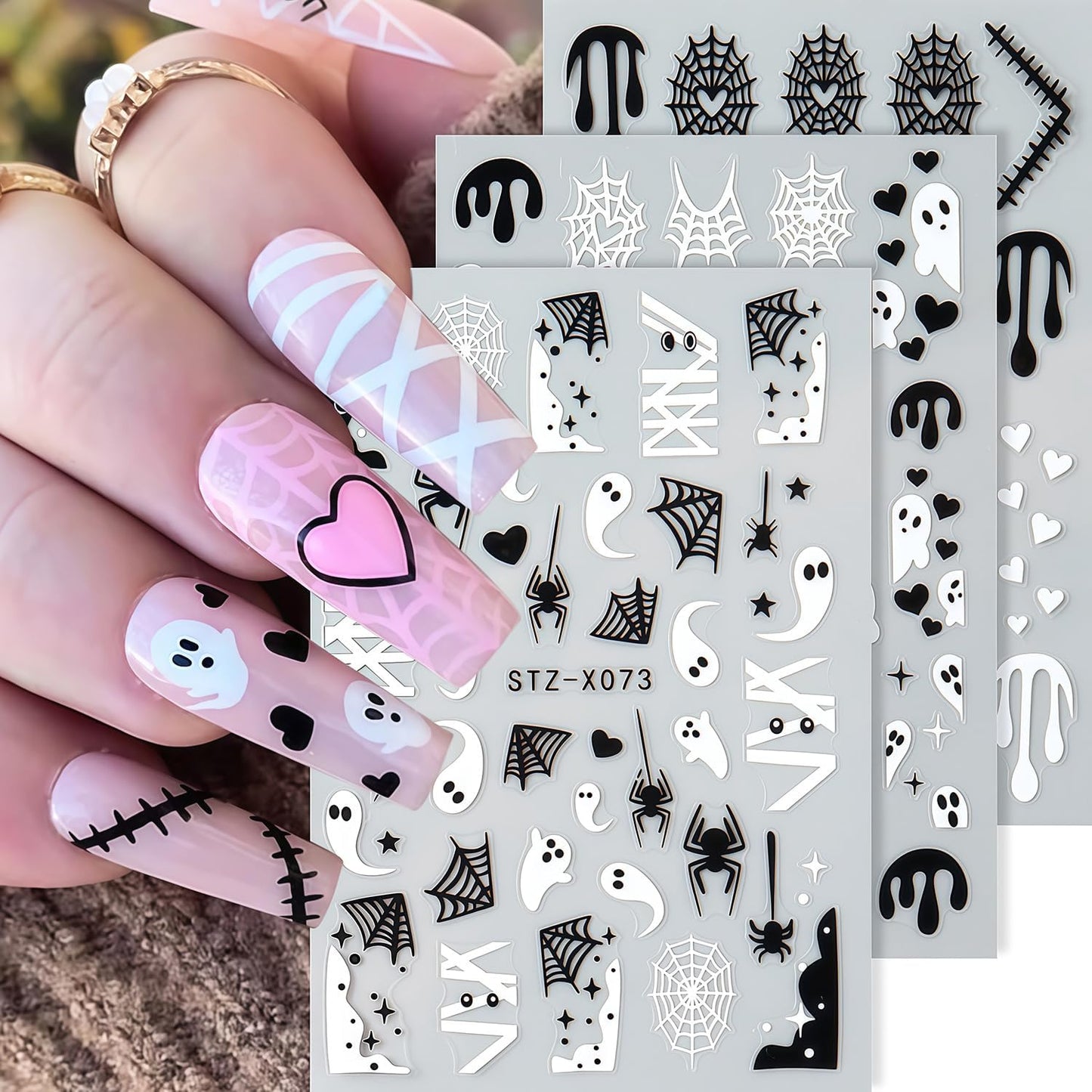 6 Sheets Halloween Nail Stickers, Spider Nail Art Stickers 3D Self-Adhesive White Black Spider Web Blood Heart Star Spiders Ghost Nail Decals Holiday Sticker for Halloween Party DIY Nails Decoration