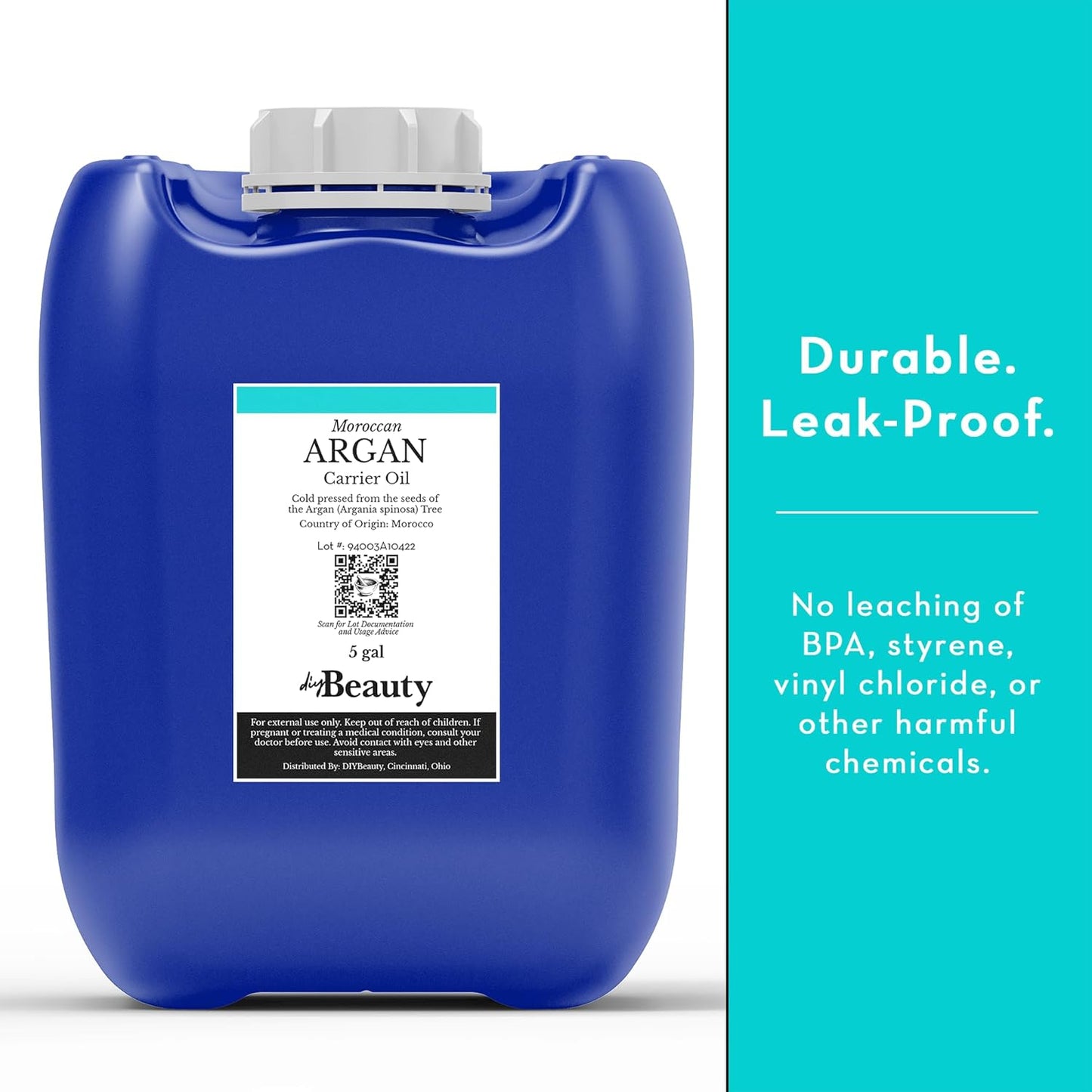 Bulk Argan Oil - Large 5 Gallon Jerrican - Natural, Cold Pressed, 100 Percent Pure Argan Oil for Homemade Hair, Face and Skin Products - Light Aceite de Argan Carrier Oil