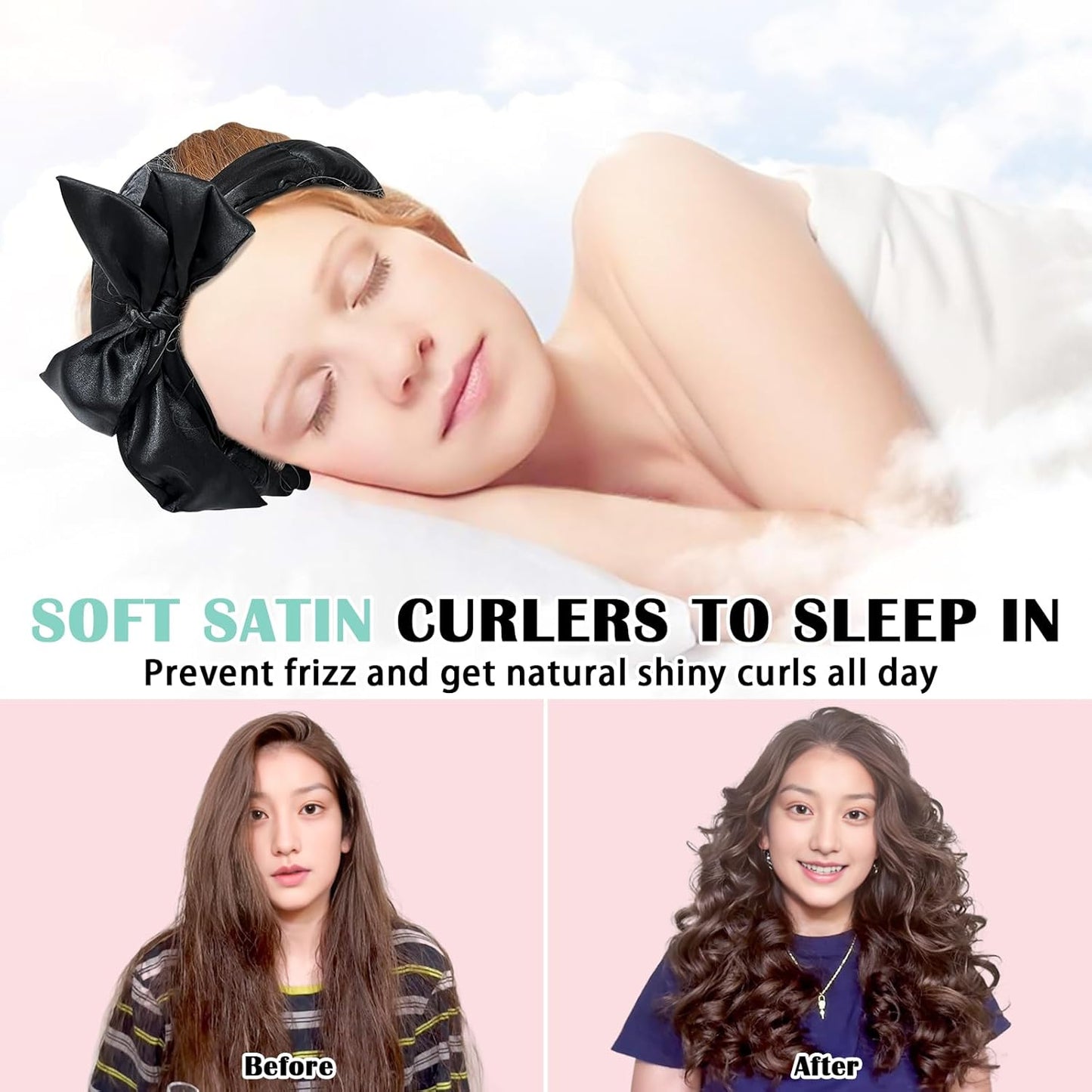 Satin Heatless Curls Overnight Hair Curlers to Sleep In Hair Curler Rollers No Heat Hair Wrap for Curls Headband, 70" Satin Heatless Curling Rod Set for Women Long Waves Hair Volume -Black 9PCS