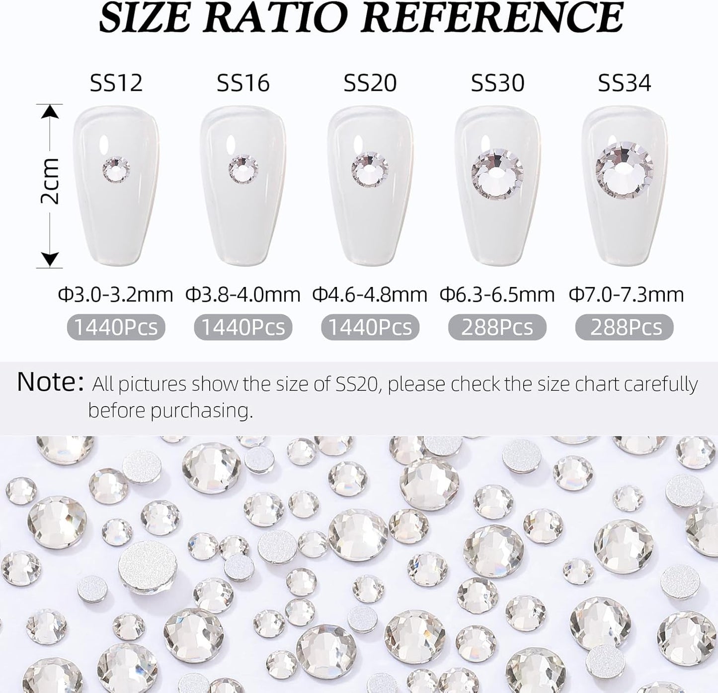 Crystal Clear Flatback Rhinestones, Glass Rhinestones for Nail Art and Craft, Glue Fix, Loose Crystal Gemstones(Crystal, SS20, 1440pcs, 4.6-4.8mm)